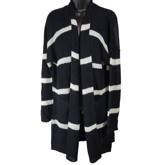 Fantastic Fawn Black & Ivory Stripe Open Front Duster Knit‎ Cardigan M NIB - Picture 1 of 6